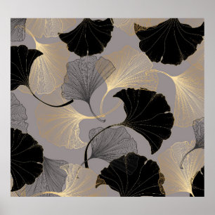 Poster Elégant Ginkgo en or, arrière - plan vintage.