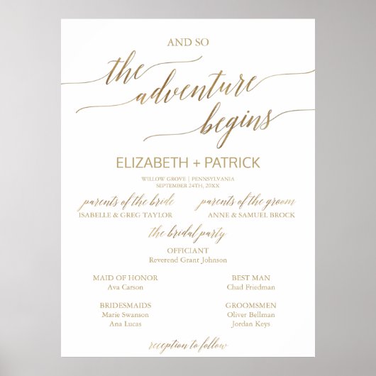 Poster Elégant Gold Calligraphy Adventure Wedding Program (Devant)