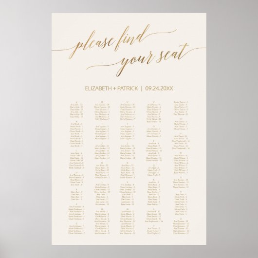 Poster Élégant Gold Calligraphy Ivory 200+ Seating Chart (Devant)