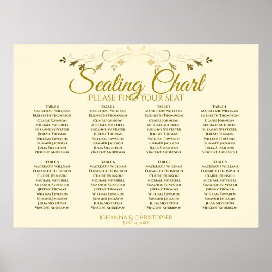 Poster Elégant Gold & Cream 8 Table Mariage Seing Chart (Devant)