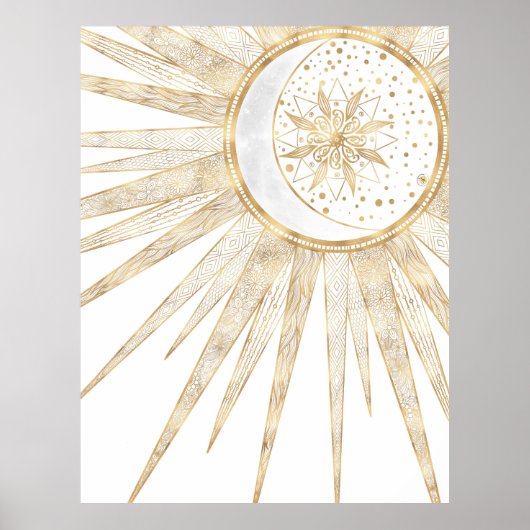 Poster Elegant Gold Doodles Sun Moon Mandala Design (Devant)