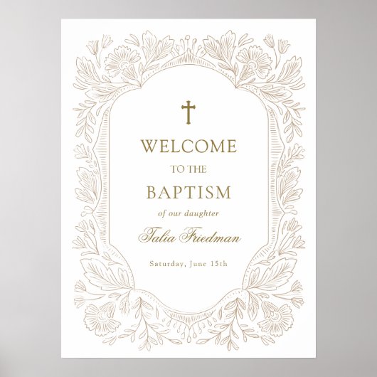 Poster Elegant Gold Floral Baptism Welcome (Devant)