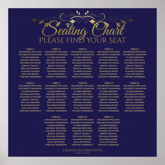 Poster Elégant Gold & Navy 13 Table Mariage Seating Chart (Devant)