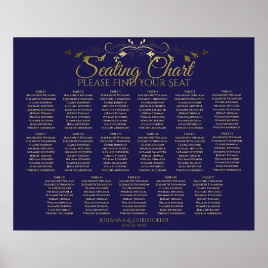 Poster Elégant Gold & Navy 17 Table Mariage Seating Chart (Devant)