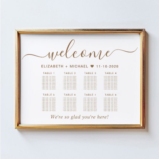 Poster Élégant Gold Script 8 Table Mariage Seating Chart