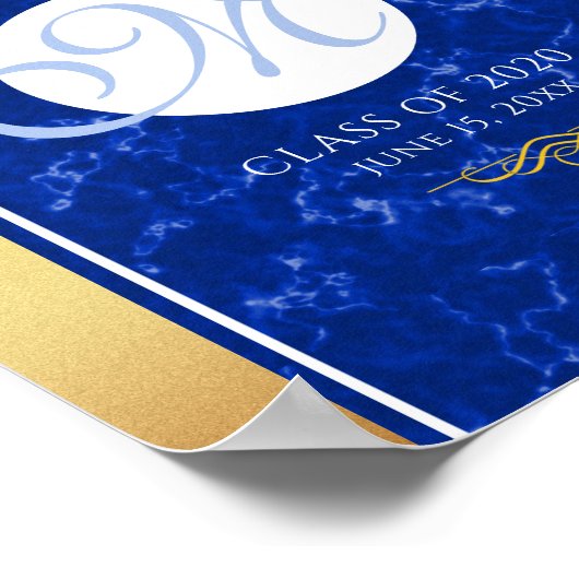 Poster Élégant Graduation Monogramme Bleu Marbre Or Huile (Coin)