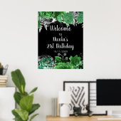 Poster Elegant Green and Silver Flowers Birthday Party  (Bureau à domicile)
