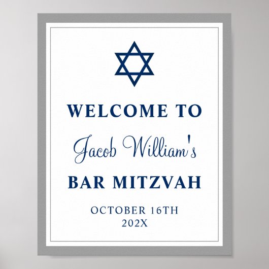 Poster Elegant Grey et Navy Blue Bar Mitzvah Bienvenue (Devant)
