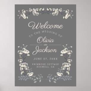 Poster Elégant gris et blanc mariage floral