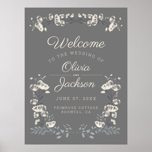 Poster Elégant gris et blanc mariage floral (Devant)