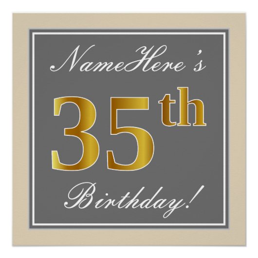 Poster Elégant, gris, Faux Gold 35e anniversaire + Nom (Devant)