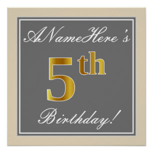 Poster Elégant, gris, Faux Gold 5e anniversaire; Nom pers