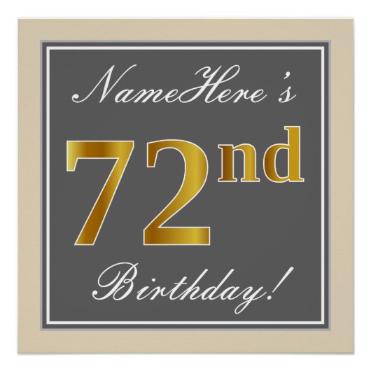 Poster Elégant, gris, Faux Gold 72e anniversaire + Nom (Devant)