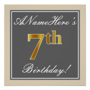 Poster Elégant, gris, Faux Gold 7e anniversaire; Nom pers