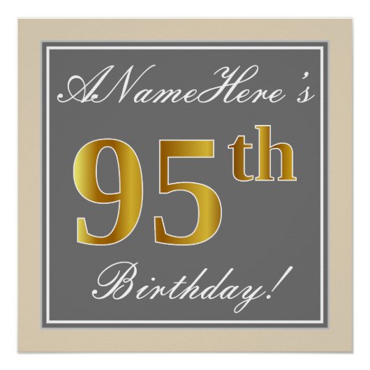 Poster Elégant, gris, Faux Gold 95ème anniversaire + Nom (Devant)