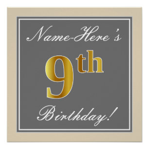 Poster Elégant, gris, Faux Gold 9e anniversaire; Nom pers
