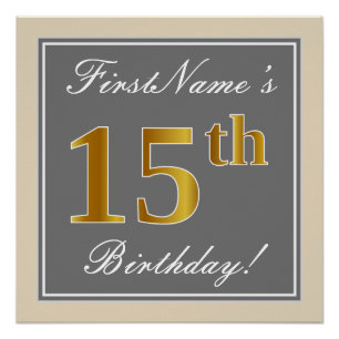Poster Elégant, gris, Faux Or 15ème anniversaire + Nom
