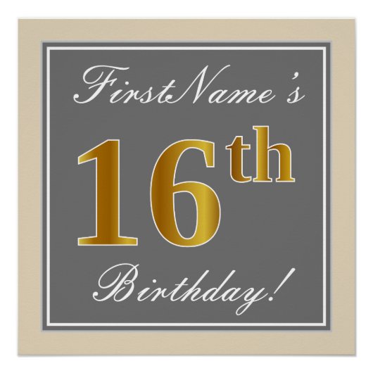 Poster Elégant, gris, Faux Or 16ème anniversaire + Nom (Devant)