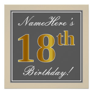 Poster Elégant, gris, Faux Or 18ème anniversaire + Nom