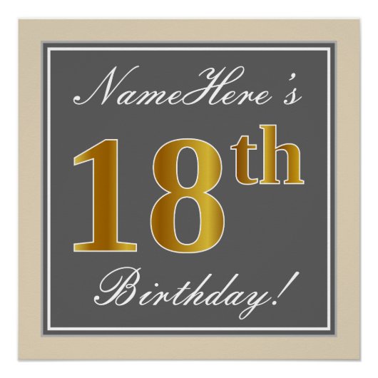 Poster Elégant, gris, Faux Or 18ème anniversaire + Nom (Devant)