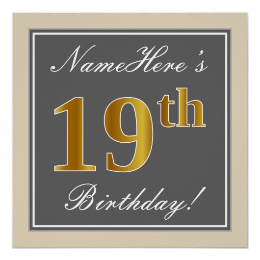 Poster Elégant, gris, Faux Or 19ème anniversaire + Nom (Devant)
