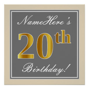 Poster Élégant, Gris, Faux Or 20e Anniversaire + Nom