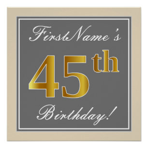 Poster Elégant, gris, Faux Or 45ème anniversaire + Nom
