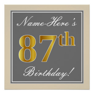 Poster Elégant, gris, Faux Or 87ème anniversaire + Nom