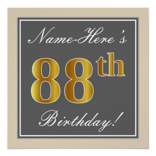 Poster Elégant, gris, Faux Or 88ème anniversaire + Nom (Devant)