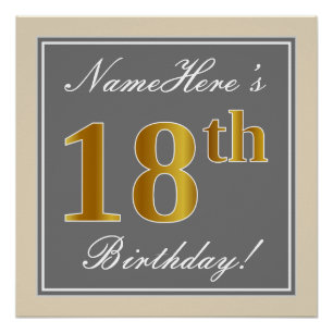 Poster Elégant, Gris, Or Faux 18e Anniversaire + Nom