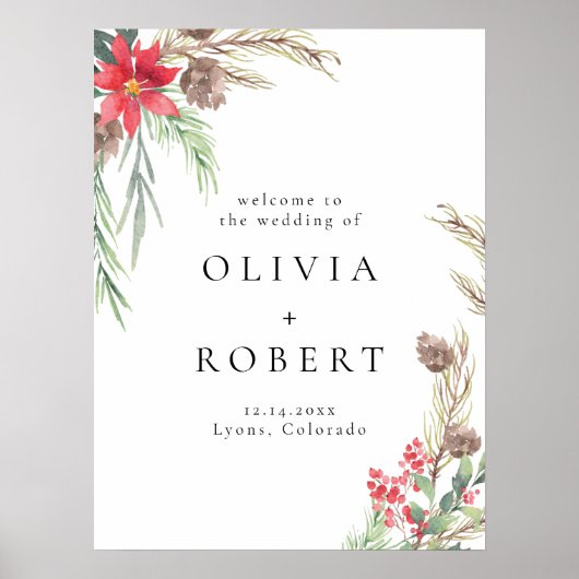 Poster Élégant hiver Floral Mariage de Noël Bienvenue (Devant)