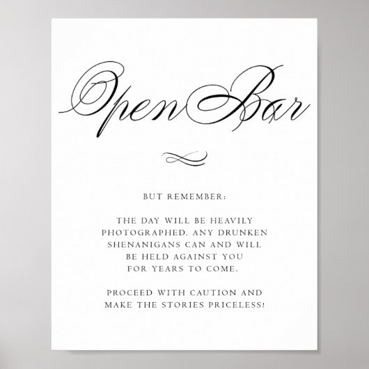 Poster Élégant Humour Open Bar Calligraphie noire | Chic (Devant)