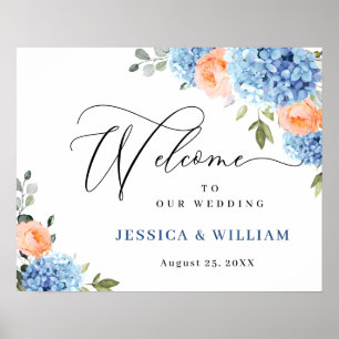 Poster Élégant Hydrangea Bleu Roses Blush Mariage