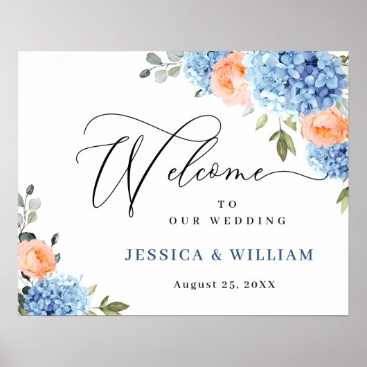Poster Élégant Hydrangea Bleu Roses Blush Mariage (Devant)