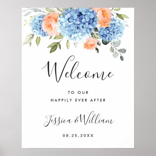 Poster Élégant Hydrangea Bleu Roses Rouge Blush Mariage (Devant)