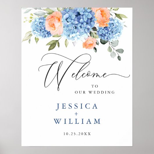 Poster Élégant Hydrangea Bleu Roses Rouge Foncé Mariage (Devant)