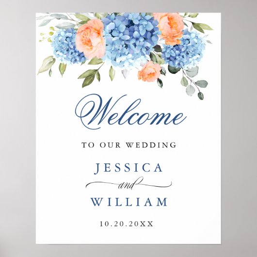 Poster Élégant Hydrangea Bleu Roses Rouge Teintée Mariage (Devant)