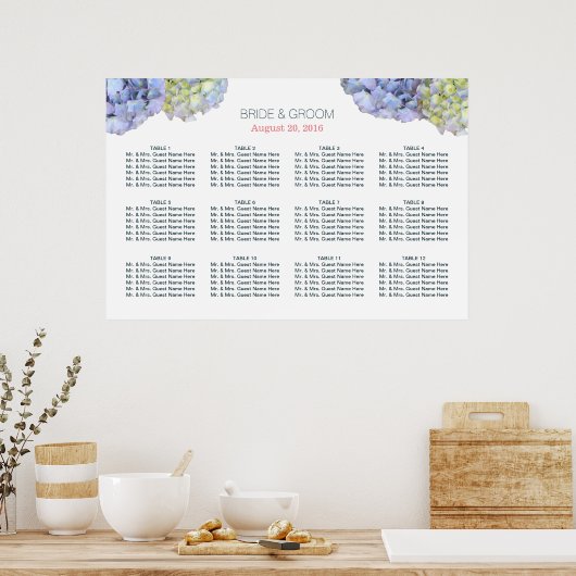 Poster Elégant Hydrangea Fleurs Mariage Seating Chart (Cuisine)