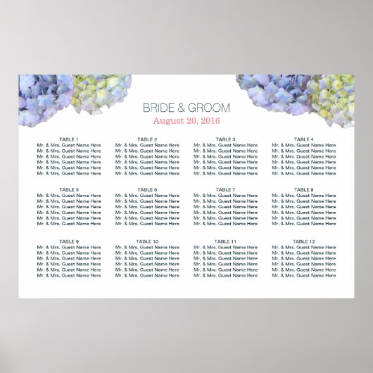Poster Elégant Hydrangea Fleurs Mariage Seating Chart (Devant)