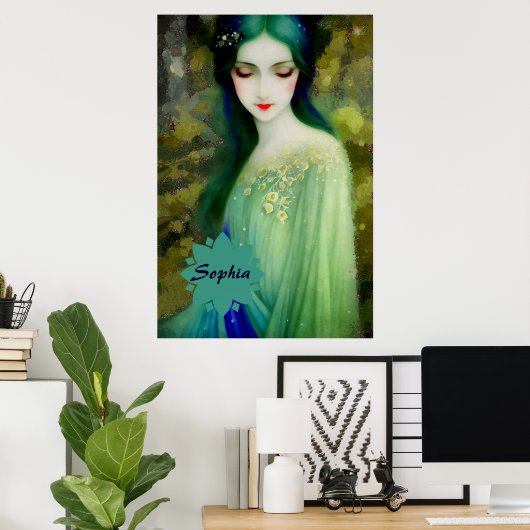 Poster Élégant Imaginaire Portrait femme en vert et bleu (Bureau à domicile)