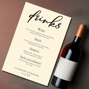 Poster Elégant ivoire Simple Mariage Bar Menu Boissons