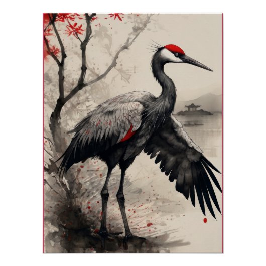Poster Elegant Japanese Red-Crowned Crane & Maple Tree (Devant)