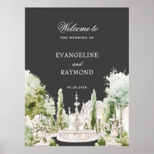 Poster Élégant jardin de manoir à l'aquarelle grise pour 