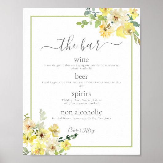 Poster Elégant Jaune Floral Sage Green Mariage Bar Menu (Devant)
