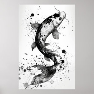 Poster Élégant Koi Poisson Étang noir Stroke plat Illustr