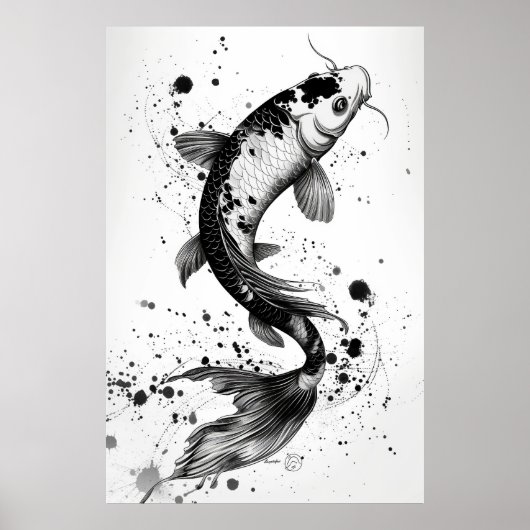 Poster Élégant Koi Poisson Étang noir Stroke plat Illustr (Devant)