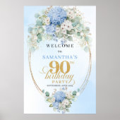Poster Elegant Light Blue Hydrangeas 90 Birthday Welcome (Devant)