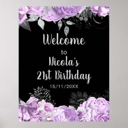 Poster Elegant Lilac and Silver Flowers Birthday Party (Devant)
