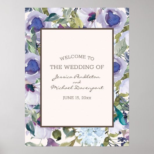 Poster Elégant Lilac Dusty Blue Floral Mariage Bienvenue (Devant)
