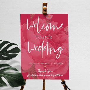 Poster Elégant Magenta Floral Bienvenue À Notre Mariage